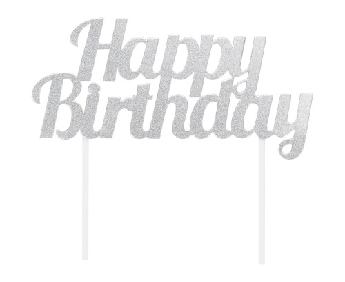 Topper happy birthday srebrny